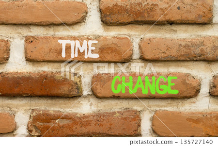 Time change symbol. Concept word Time change on beautiful old brown brick wall. Beautiful old brown brick wall background. Old brick wall. Business time change concept. Copy space. Time change symbol. Concept word Time change on beautiful old brown brick wall. Beautiful old brown brick wall background. Old brick wall. Business time change concept. Copy space. 135727140