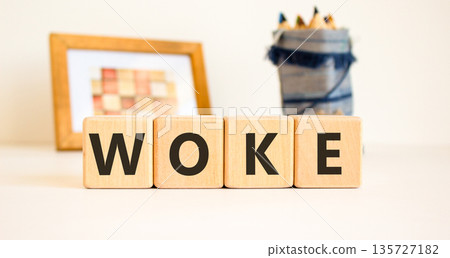 Woke question symbol. Concept word Woke question on beautiful wooden blocks. Beautiful white table white background. Business, lifestyle, support and woke question concept. Copy space. 135727182