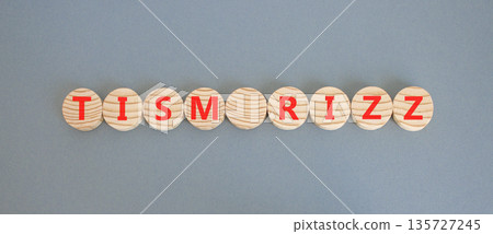 Tism rizz symbol. Concept word Tism rizz on beautiful wooden circles. Beautiful grey background. Business education support tism rizz concept. Copy space. 135727245