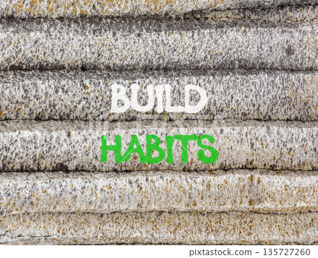 Build habits symbol. Concept word Build habits on beautiful grey mountain wall. Beautiful grey mountain wall background. Business build habits concept. Copy space. Build habits symbol. Concept word Build habits on beautiful grey mountain wall. Beautiful grey mountain wall background. Business build habits concept. Copy space. 135727260