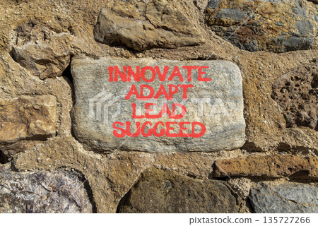 Innovate adapt lead succeed symbol. Concept words Innovate Adapt Lead Succeed on beautiful grey stone. Beautiful stone wall background. Business innovate adapt lead succeed concept. Copy space Innovate adapt lead succeed symbol. Concept words Innovate Adapt Lead Succeed on beautiful grey stone. Beautiful stone wall background. Business innovate adapt lead succeed concept. Copy space 135727266