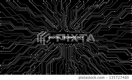 Black circuit board pattern with empty center area for text. 135727480