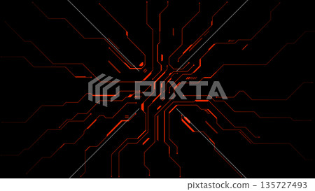 Glowing red electronic pathways on dark background. Glowing red electronic pathways on dark background. 135727493