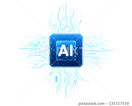 Semiconductor circuit with glowing AI core on tech background. 135727530