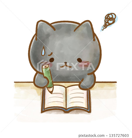 Black cat who can't understand his studies / watercolor illustration of education and learning 135727603