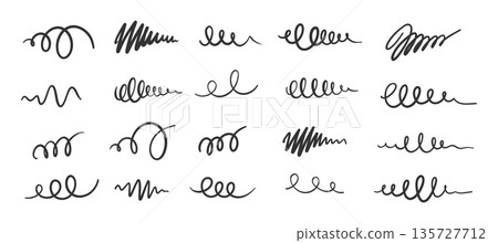 Scribbles Swirls and Spiral Loops Hand Drawn Curly Line Set. Black Ink Doodle Expressive Underlines, Swashes, Decorative Strokes for Collage Emphasis, Typography Divider Design. Vector Illustration 135727712