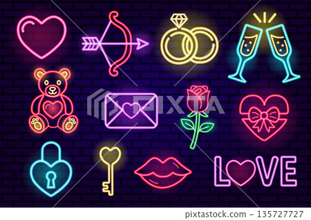 Full set of neon Valentine's Day icons: heart, Cupid, rings, teddy bear, rose, lock, key, and champagne. Vector graphics 135727727