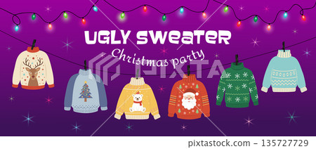 A vector banner reading Ugly Sweater Christmas Party with six colorful cartoon sweaters hanging from a glowing light garland A vector banner reading Ugly Sweater Christmas Party with six colorful cartoon sweaters hanging from a glowing light garland 135727729