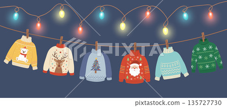 A vector banner of six cartoon Christmas sweaters polar bear, reindeer, Santa, tree, geometric hanging A vector banner of six cartoon Christmas sweaters polar bear, reindeer, Santa, tree, geometric hanging 135727730