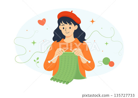 Woman knitting with yarn at home. Cozy handmade hobby concept, knitting and crochet illustration in flat vector style 135727733