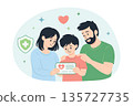 Happy family holding medical insurance card. Parents caring for child health, healthcare protection and family insurance concept 135727735