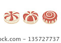 A set of three cute vector Christmas or holiday desserts. Includes round, decorative pastries with red and white icing designs. 135727737