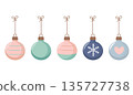 A cute vector set of five hanging Christmas ornament balls in pastel colors. Designs include stripes, solid colors, a snowflake 135727738