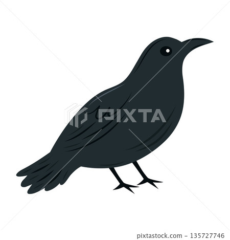 A simple, flat vector illustration of a black crow or raven. The side profile shows the bird standing,  135727746
