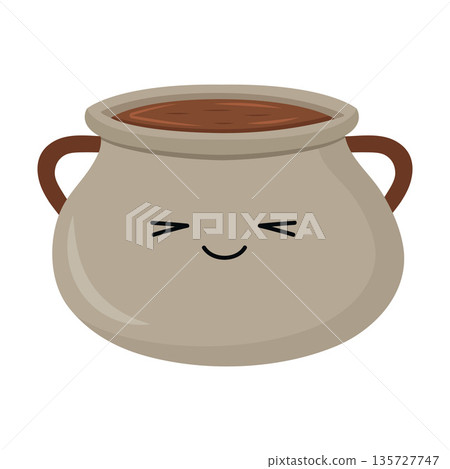 A simple, cute vector illustration of a pot or cauldron with a happy, winking face, filled with a brown substance.  135727747