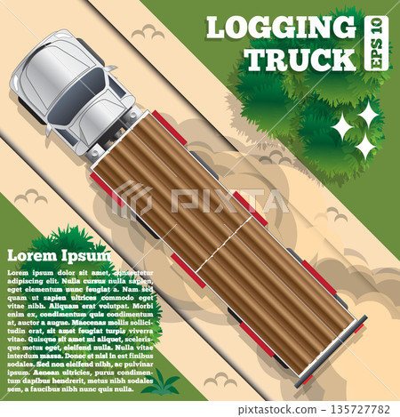Logging truck on a forest road. View from above. Vector illustration. 135727782