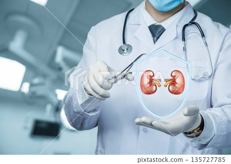Doctor shows kidney shield. 135727785