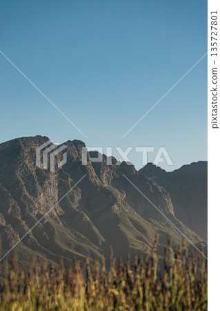 Serene mountain range with clear blue sky and foreground grass. Nature outdoor landscape for travel, adventure, and panoramic view background. Serene mountain range with clear blue sky and foreground grass. Nature outdoor landscape for travel, adventure, and panoramic view background. 135727801