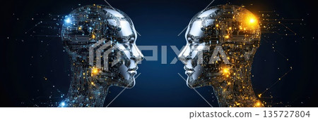 Two metallic humanoids silently exchange ideas, lit by glowing circuitry and lights 135727804