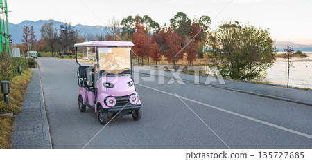 Mother and son in a Pink Electric Golf Cart Driving On A Scenic Road By A Lake Mother and son in a Pink Electric Golf Cart Driving On A Scenic Road By A Lake 135727885