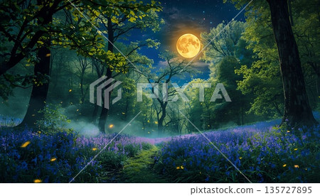 A fantastical spring forest at night with a glow and magical flowers. Spring banner, spring renewal concept. 135727895