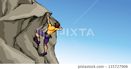 Climber climbs on a rock. Vector drawing 135727906