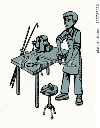 Vector drawing. A boy works with metal in a workshop Vector drawing. A boy works with metal in a workshop 135727910
