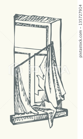 Vector drawing. Cluttered room view. 135727914