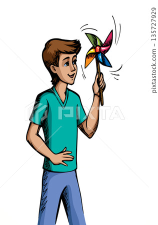 Vector drawing. A boy with a wind toy Vector drawing. A boy with a wind toy 135727929