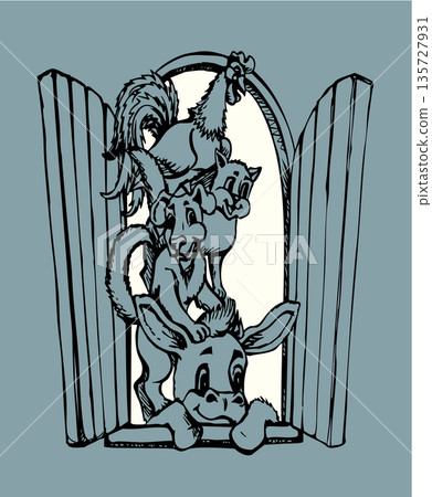 Vector drawing. Donkey, dog, cat and rooster. Vector drawing. Donkey, dog, cat and rooster. 135727931