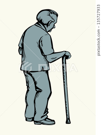 Vector drawing. Old man with wooden stick Vector drawing. Old man with wooden stick 135727933