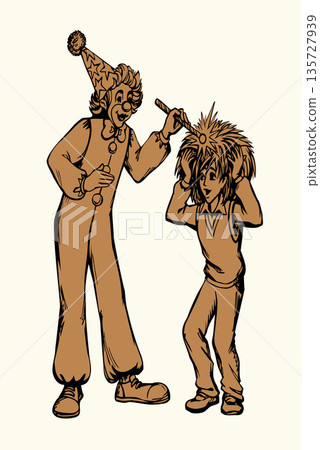 Vector drawing. Clown and small boy Vector drawing. Clown and small boy 135727939