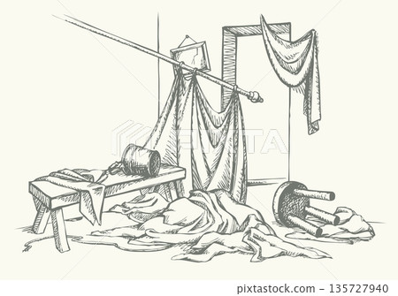 Vector drawing. Cluttered room view. 135727940