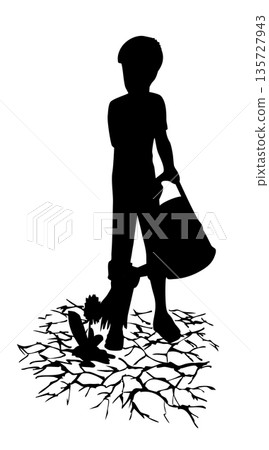 A boy waters a plant from a watering can A boy waters a plant from a watering can 135727943