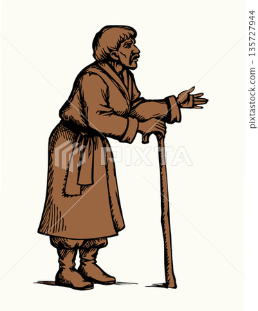 Vector drawing. Old man with cane 135727944