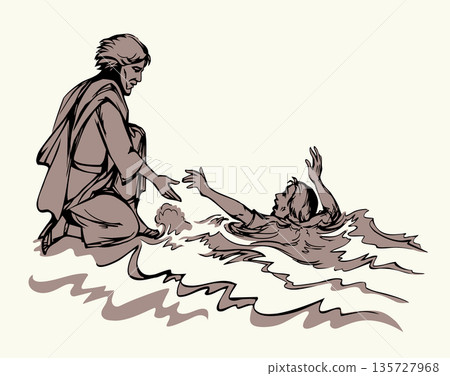 Vector drawing. Jesus helps man in a storm 135727968