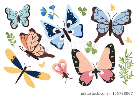Collection of colorful butterflies with outstretched wings in flight. Summer butterfly. Set of spring insect illustrations. Beautiful tropical moths. Flat style. 135728007