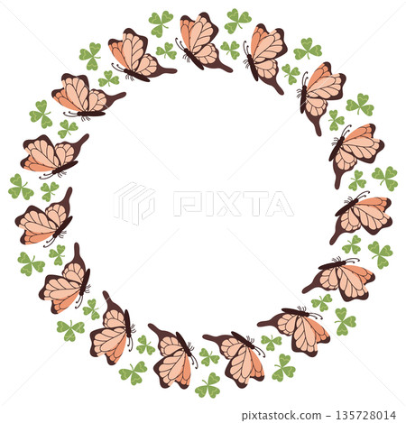 Summer round frame with fluttering butterflies and clover leaves. Spring illustration of insects, dragonflies, and moths in a flat style. Summer round frame with fluttering butterflies and clover leaves. Spring illustration of insects, dragonflies, and moths in a flat style. 135728014