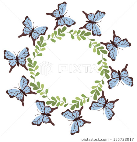 Summer round frame with blue butterflies surrounded by green leaves. Spring illustration of insects, dragonflies, and moths in a flat style. 135728017