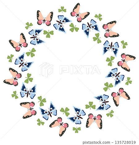 Summer round frame with blue and pink butterflies surrounded by green leaves. Spring illustration of insects, dragonflies, and moths in a flat style. 135728019