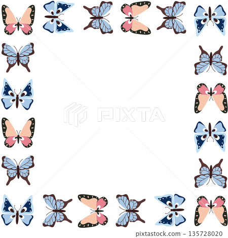 Summer square frame with blue and pink butterflies. Spring illustration of insects, dragonflies, and moths in flat style. 135728020