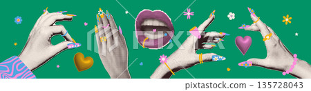 Set of Vivid halftone collage paper stickers of hands with juicy chunky jewelry. Playful Y2K maximalism with bright nails, bracelets, and colorful acrylic rings. Vector. Trendy accessories 90s style 135728043