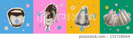 Set of square cards with halftone collage stickers of lips, ears, and hands with vivid chunky plastic jewelry. Playful Y2K maximalism with bright piercings, acrylic rings, and funky prints. Vector 135728044