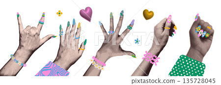 Halftone paper stickers of hands with chunky plastic jewelry and bright nails. Vivid maximalism collage element with colorful acrylic rings, bracelets. Set of y2k trendy female manicured palms. Vector 135728045