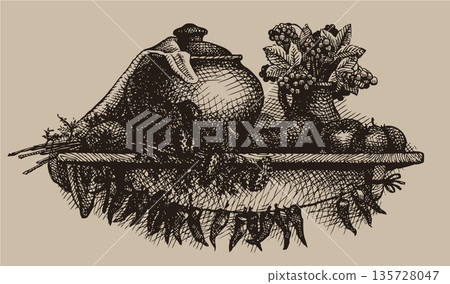 Vector Kitchen still life with a pot of porridge 135728047