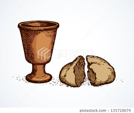 Vector symbols of Communion. Broken bread and wine in bowl 135728074
