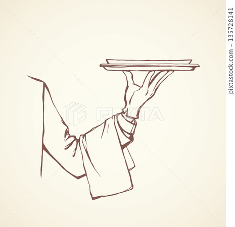 Hand of waiter with dish. Vector drawing Hand of waiter with dish. Vector drawing 135728141