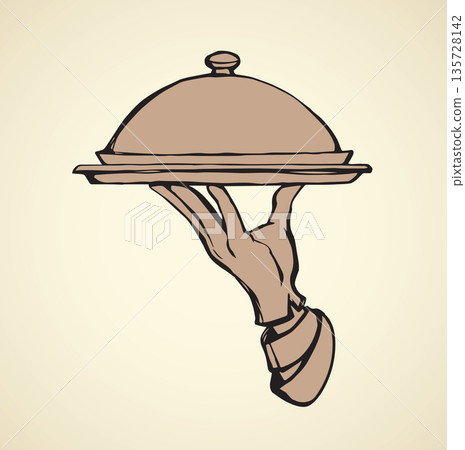 Hand of waiter with dish. Vector drawing Hand of waiter with dish. Vector drawing 135728142