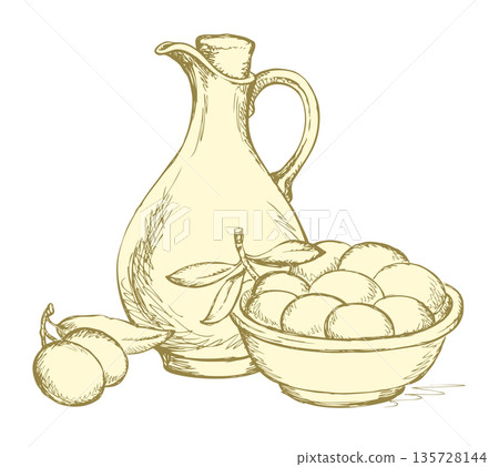 Vector drawing. Still life of oil in jug and olives sprigs Vector drawing. Still life of oil in jug and olives sprigs 135728144
