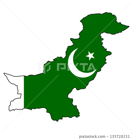 Geographic outline of Pakistan overlaid with flag, patriotic graphic design 135728151